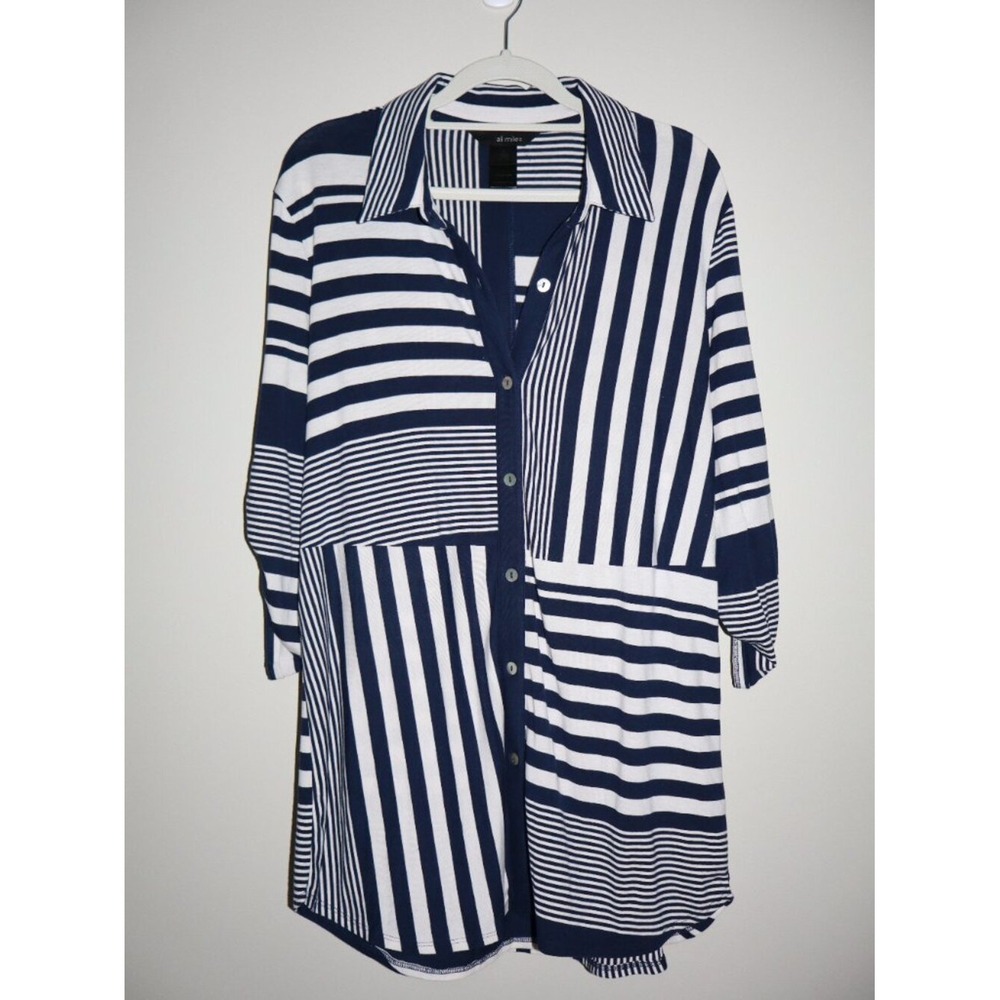 Coastal Nautical Ali Miles Tunic Top S Navy White Striped Colorblock Button Down - Picture 7 of 8